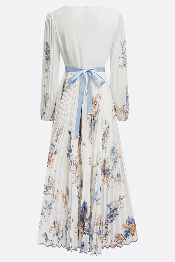 Unique Printed V-Neck Long Sleeve Bow Tie Waist Holiday Maxi Dress-15273731785029-Róża Kwiatowa