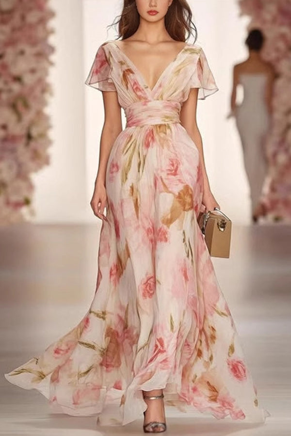 Floral Print V-neck Short-sleeved Waist Casual Maxi Dress-15273731883333-Róża Kwiatowa