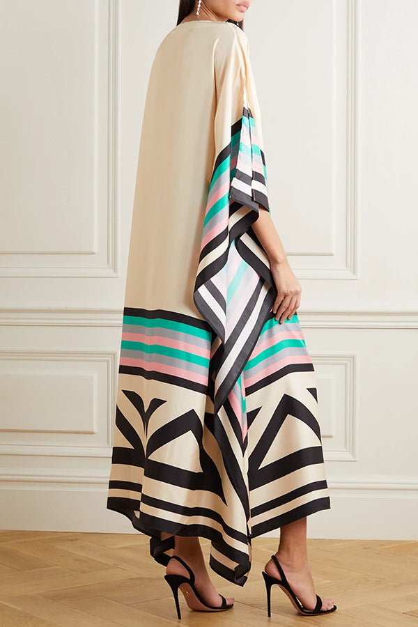 Unique Pasekd Print Crew Neck Loose Midi Dress-15273794240837-Róża Kwiatowa