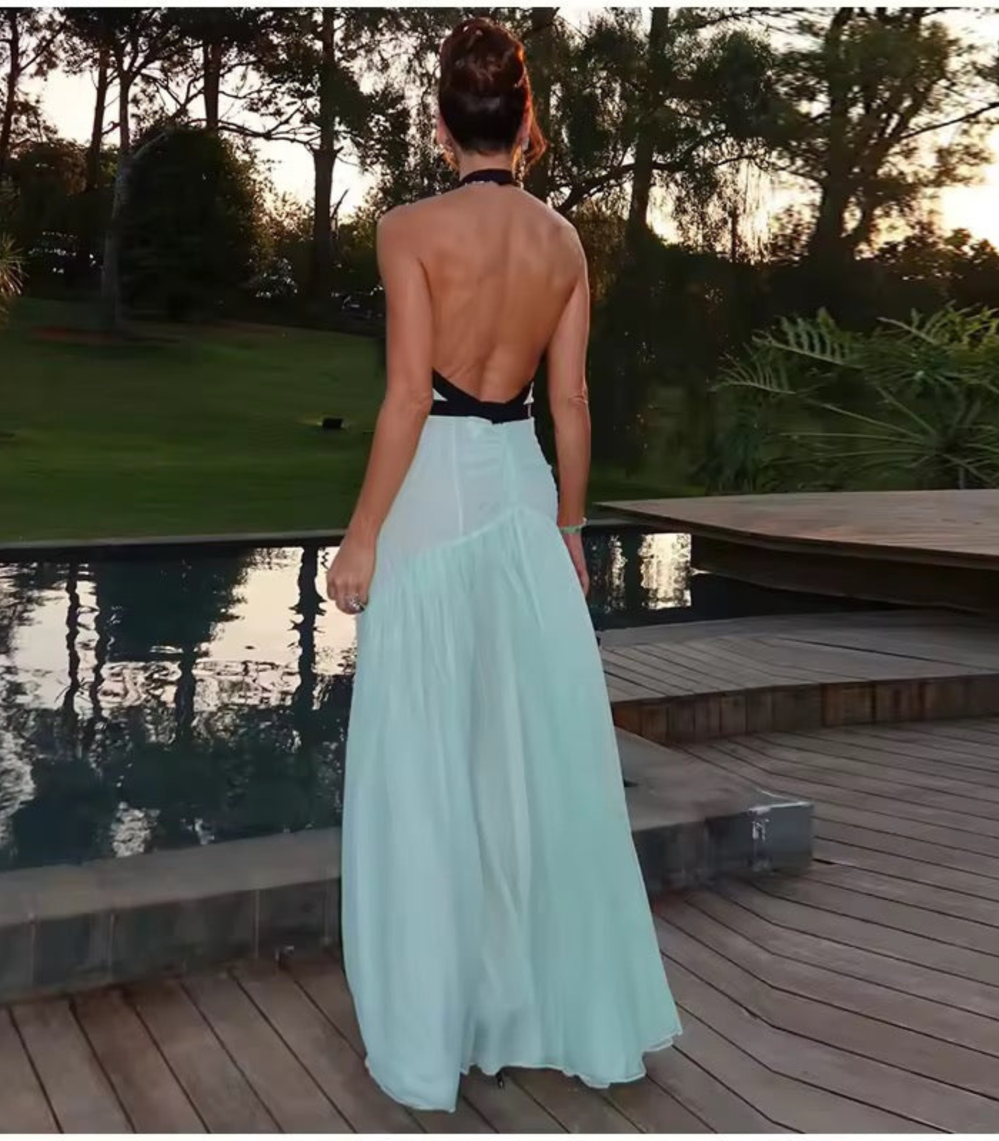 Marissa – Kontrastowy halter – Maxi sukienka bez pleców-15248445866309-Róża Kwiatowa