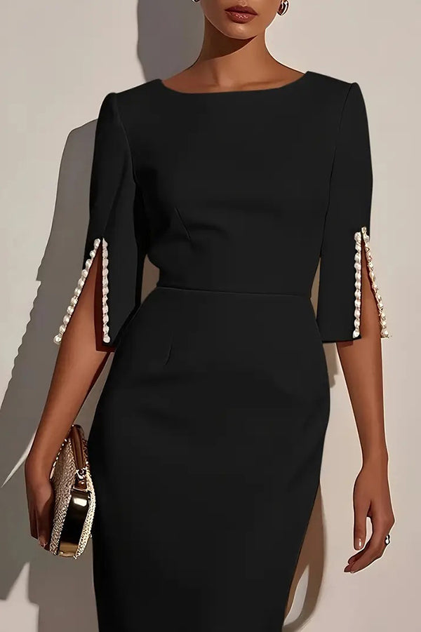 Solid Color Elegant Round Neck Half Sleeve Beaded Decorated Slim Fit Midi Dress-15273731096901-Róża Kwiatowa