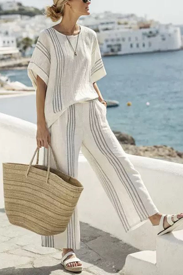 Striped Print Crew Neck Loose Top and Elastic Waist Casual Wide Leg Pants-15273734308165-Róża Kwiatowa