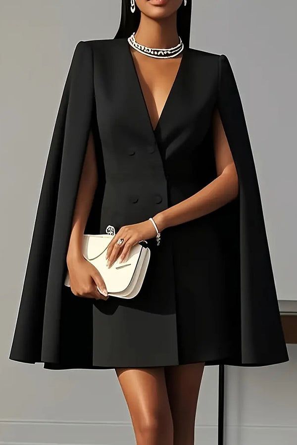 Solid Color V-Neck Double Breasted Cape Formal Mini Dress-15273731391813-Róża Kwiatowa
