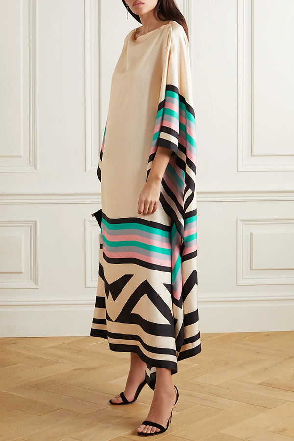 Unique Pasekd Print Crew Neck Loose Midi Dress-15273794240837-Róża Kwiatowa