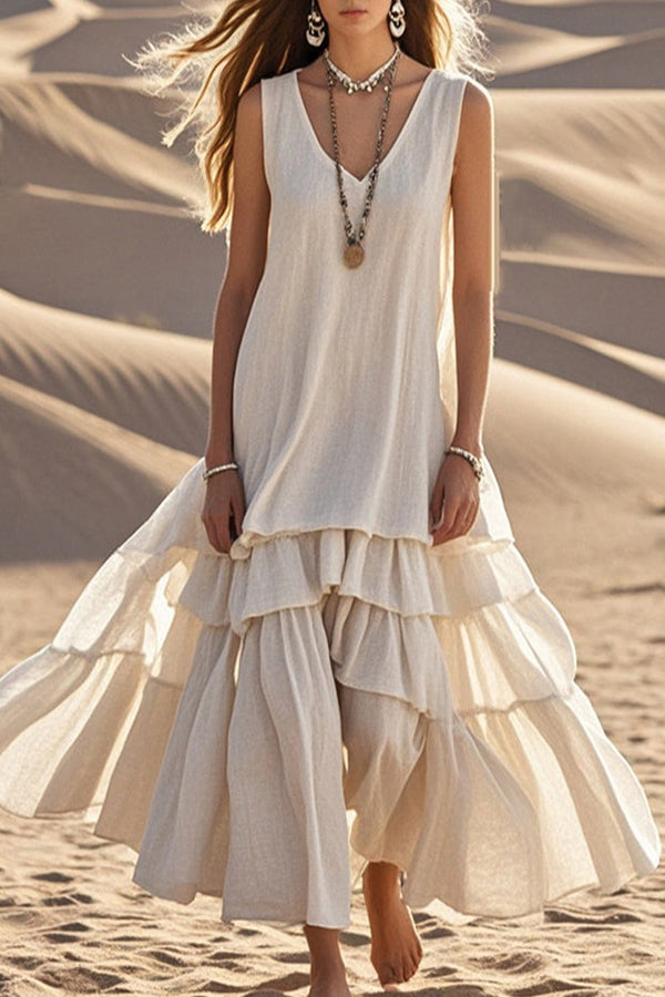 Linen Blend V-neck Sleeveless Loose Full Hem Midi Dress-15273732440389-Róża Kwiatowa