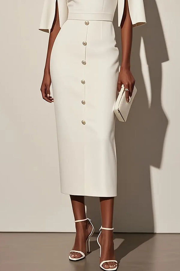 Solid Color Round Neck Slit Sleeve Waist Button Decoration Midi Dress-15273731227973-Róża Kwiatowa