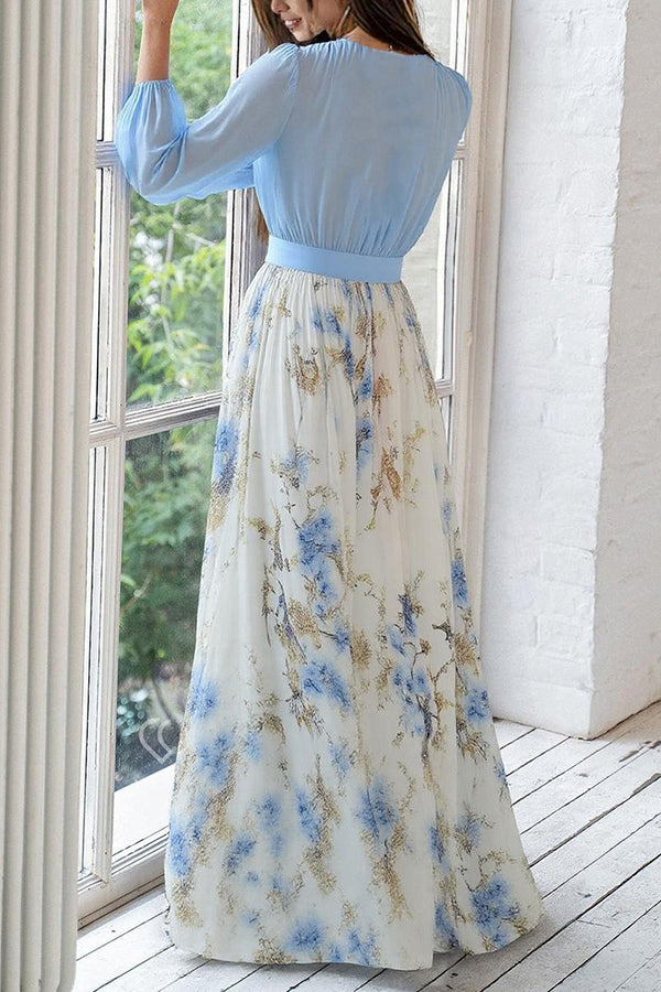 Plant Print V-neck Long Sleeve Elegant Stitching Maxi Dress-15273731752261-Róża Kwiatowa