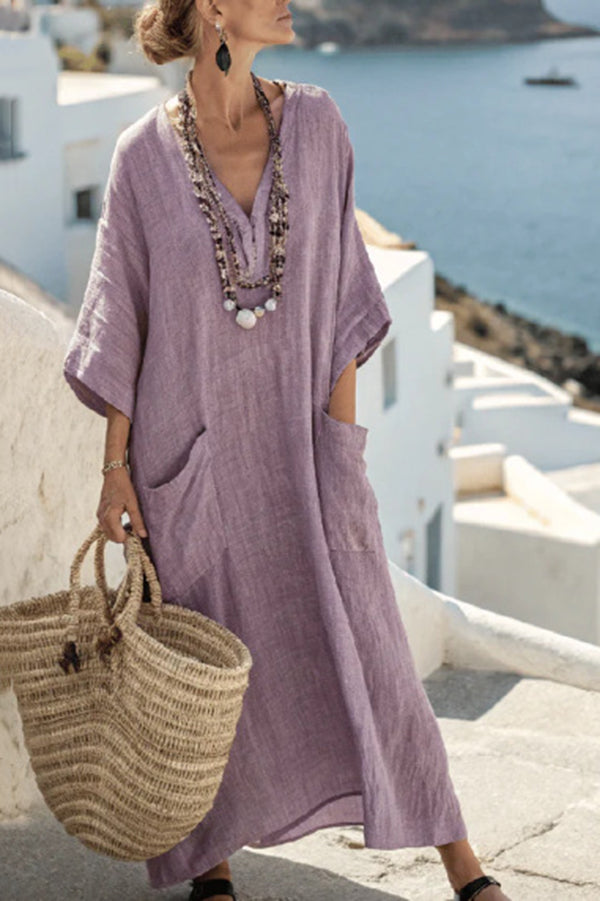 Pasekd Print V-Neck Casual Loose Pocket Maxi Dress-15273795486021-Róża Kwiatowa