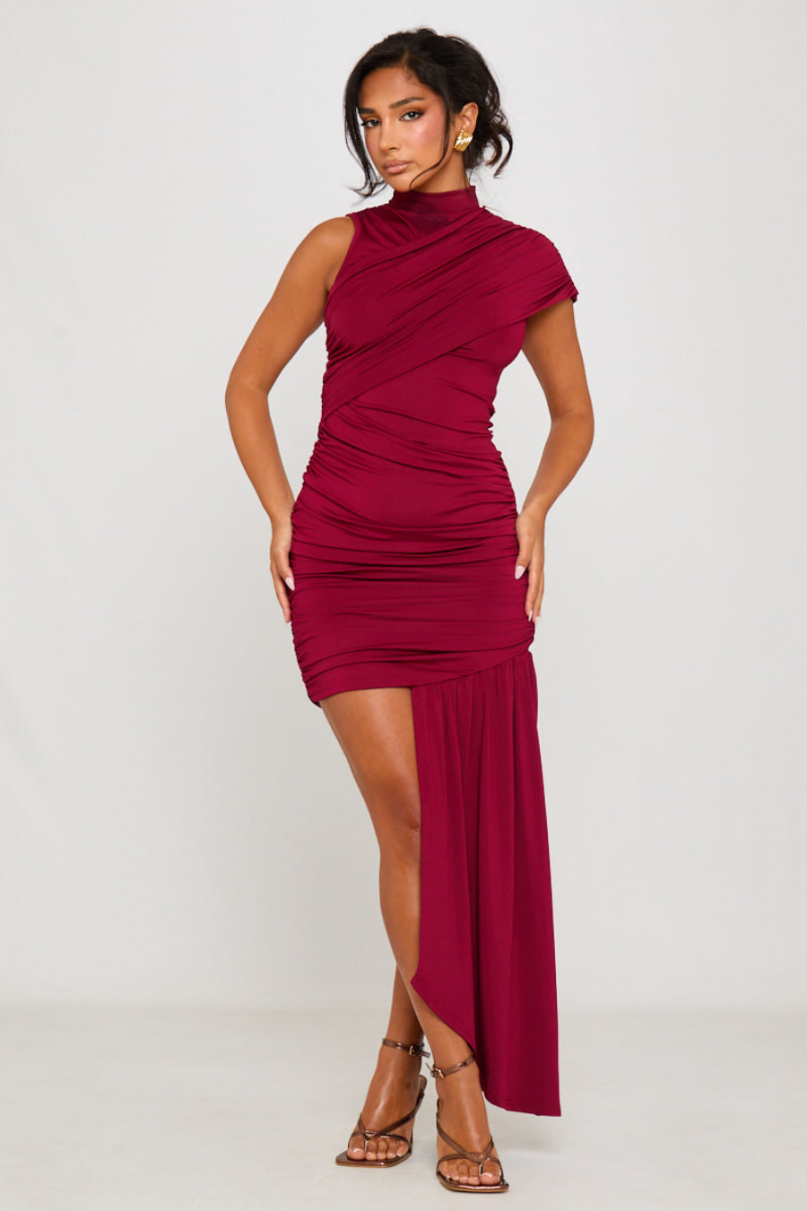 Velarose – Drapowana asymetria – Mini sukienka na jedno ramię-15248446095685-Róża Kwiatowa