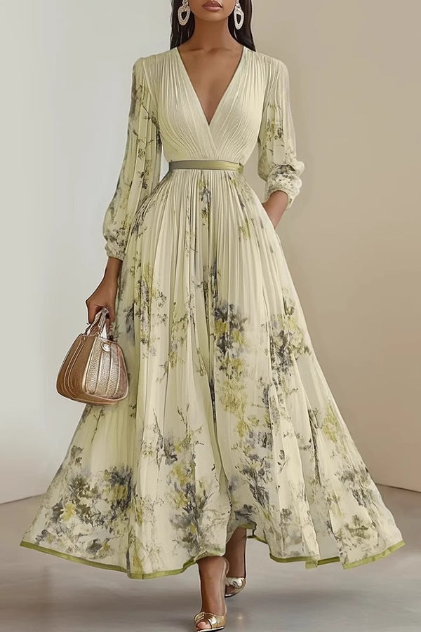 Unique Printed V-Neck Long Sleeve Bow Tie Waist Holiday Maxi Dress-15273731785029-Róża Kwiatowa