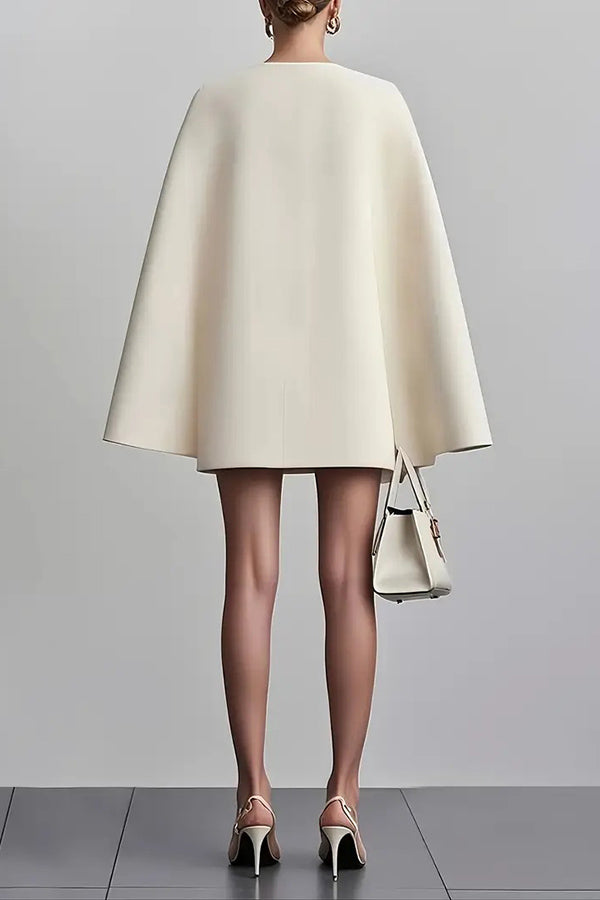 Solid Color V-Neck Double Breasted Cape Formal Mini Dress-15273731391813-Róża Kwiatowa