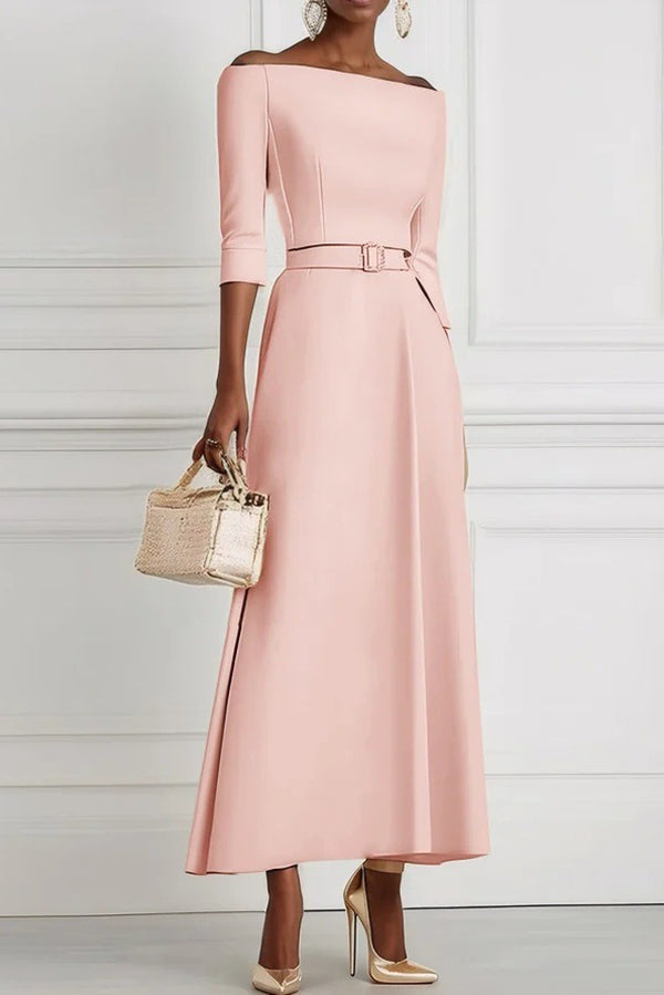 Solid Color Off-the-shoulder Waist-tied Elegant Midi Dress-15273731162437-Róża Kwiatowa