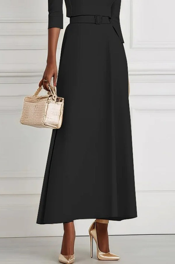 Solid Color Off-the-shoulder Waist-tied Elegant Midi Dress-15273731162437-Róża Kwiatowa