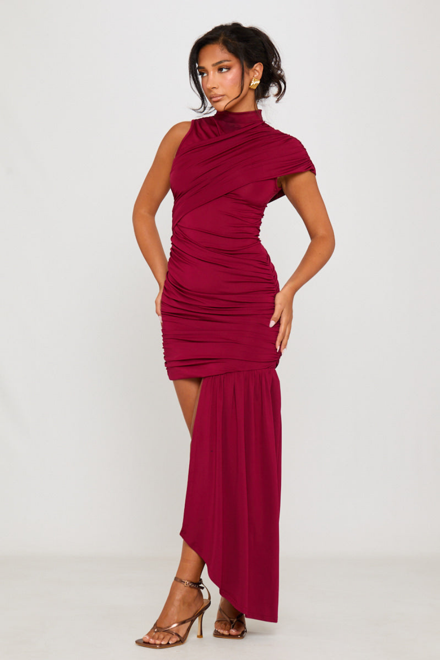 Velarose – Drapowana asymetria – Mini sukienka na jedno ramię-15248446095685-Róża Kwiatowa