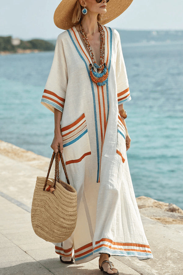 Pasekd Print V-Neck Casual Loose Pocket Maxi Dress-15273795486021-Róża Kwiatowa