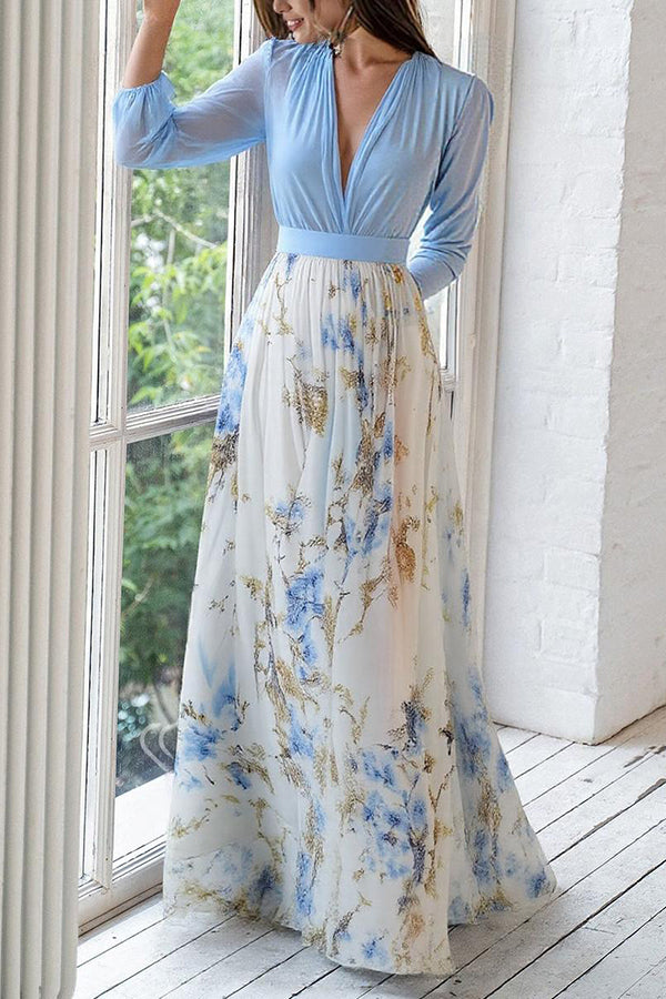 Plant Print V-neck Long Sleeve Elegant Stitching Maxi Dress-15273731752261-Róża Kwiatowa