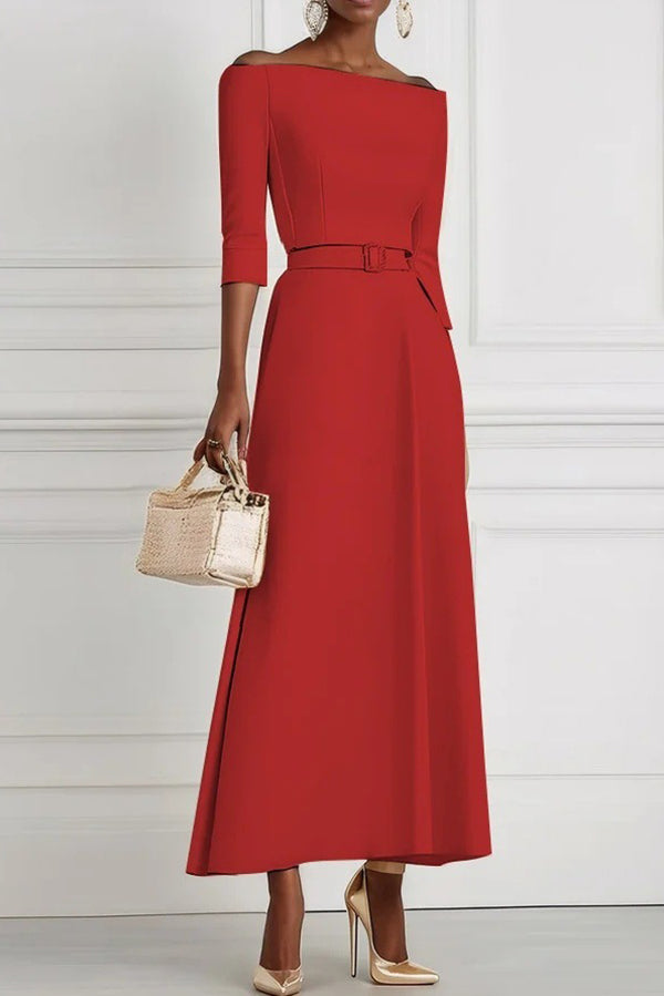 Solid Color Off-the-shoulder Waist-tied Elegant Midi Dress-15273731162437-Róża Kwiatowa