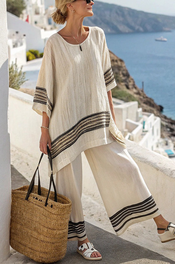 Pasekd Print Crew Neck Loose Top and Elastic Waist Casual Wide Leg Pants-15273795518789-Róża Kwiatowa