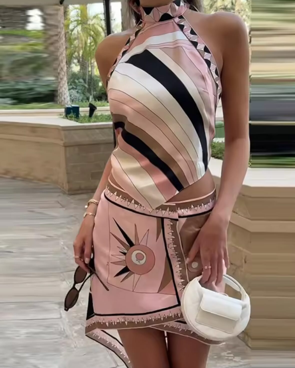 Sarahlee – Halter neck z nadrukiem – Zestaw satynowy-15248445997381-Róża Kwiatowa