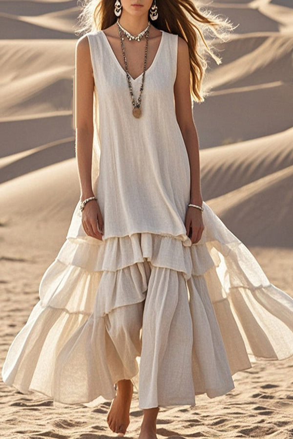 Linen Blend V-neck Sleeveless Loose Full Hem Midi Dress-15273732440389-Róża Kwiatowa
