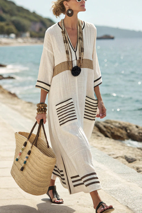 Pasekd Print V-Neck Casual Loose Pocket Maxi Dress-15273795486021-Róża Kwiatowa