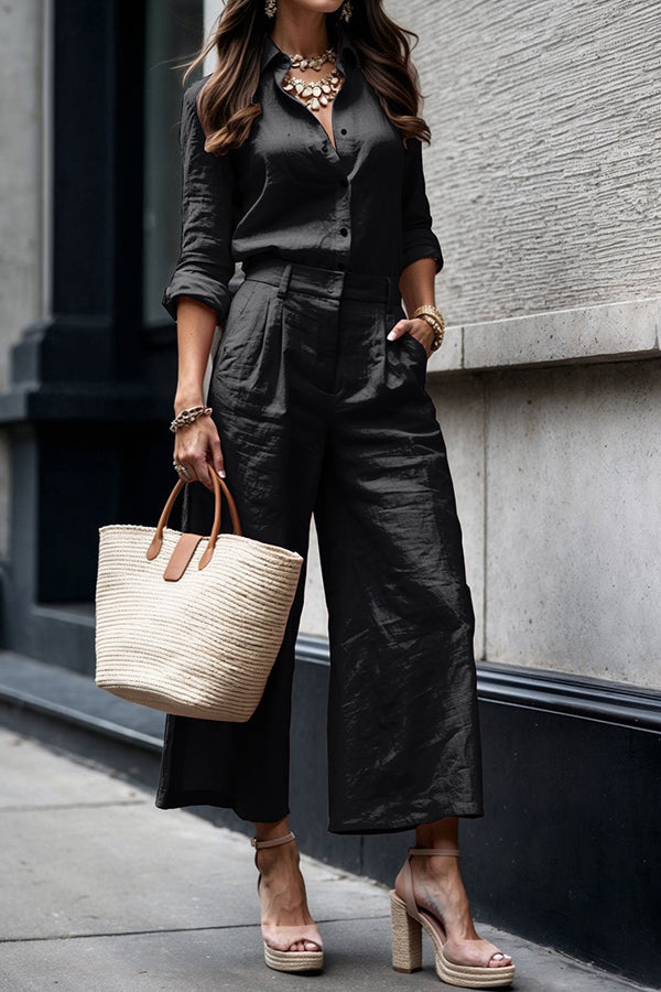 Solid Color Long-sleeved Lapel Casual Shirt and Pocket Loose Wide-leg Pants Set-15273731457349-Róża Kwiatowa