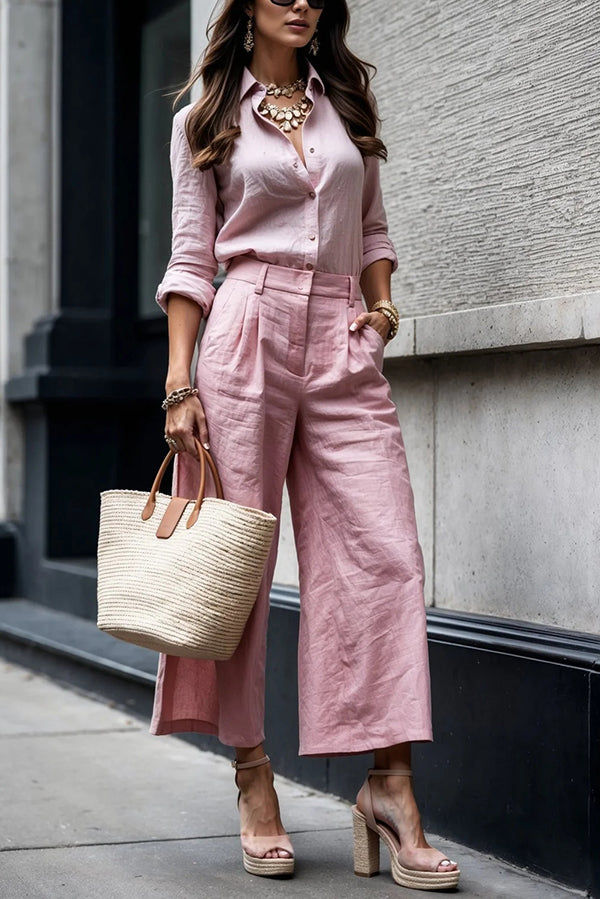 Solid Color Long-sleeved Lapel Casual Shirt and Pocket Loose Wide-leg Pants Set-15273731457349-Róża Kwiatowa