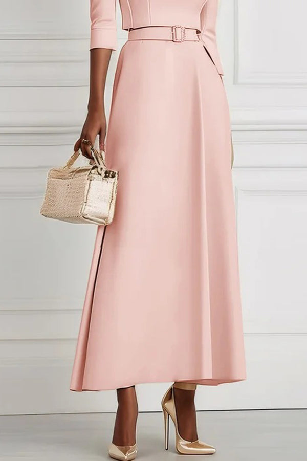 Solid Color Off-the-shoulder Waist-tied Elegant Midi Dress-15273731162437-Róża Kwiatowa