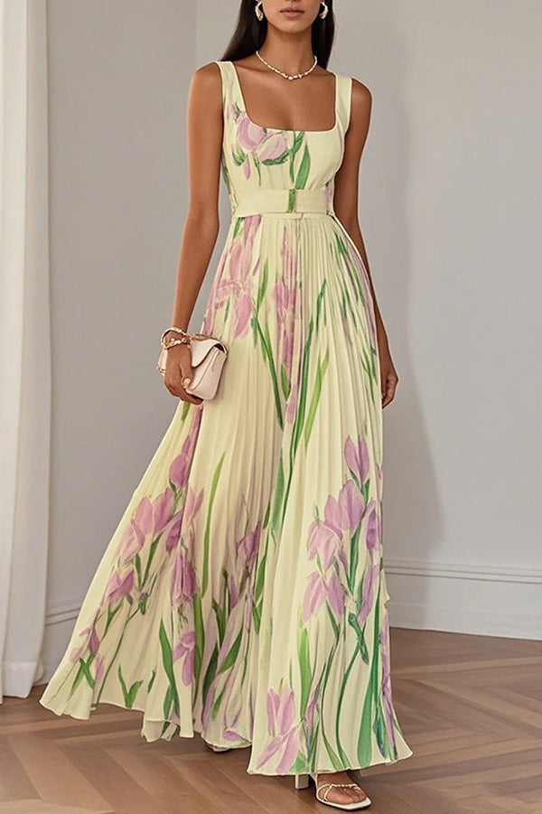 Floral Print Square Neck Suspender Pleated Maxi Dress-15273732014405-Róża Kwiatowa