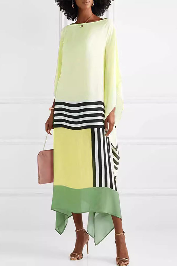 Unique Pasekd Print Crew Neck Loose Midi Dress-15273794240837-Róża Kwiatowa