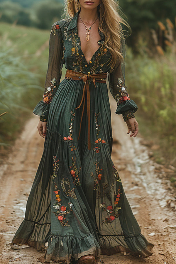 Bohemian Floral Print Lapel Long-sleeved Maxi Dress-15273732243781-Róża Kwiatowa