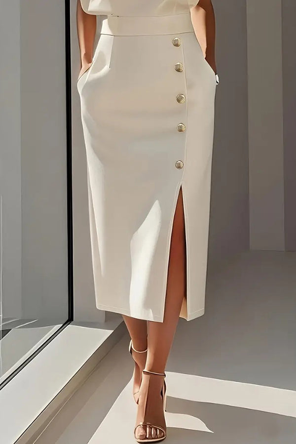 Solid Color Long Sleeves Pocket Button Decorated Slit Midi Dress-15273730703685-Róża Kwiatowa