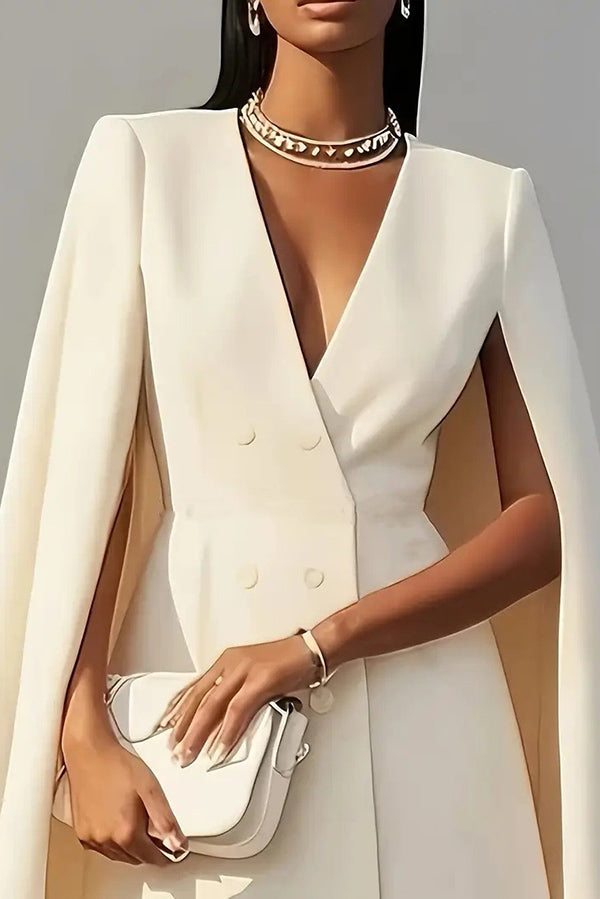 Solid Color V-Neck Double Breasted Cape Formal Mini Dress-15273731391813-Róża Kwiatowa