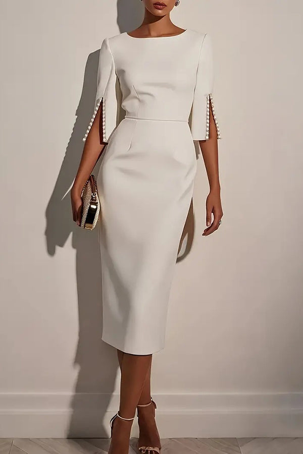 Solid Color Elegant Round Neck Half Sleeve Beaded Decorated Slim Fit Midi Dress-15273731096901-Róża Kwiatowa