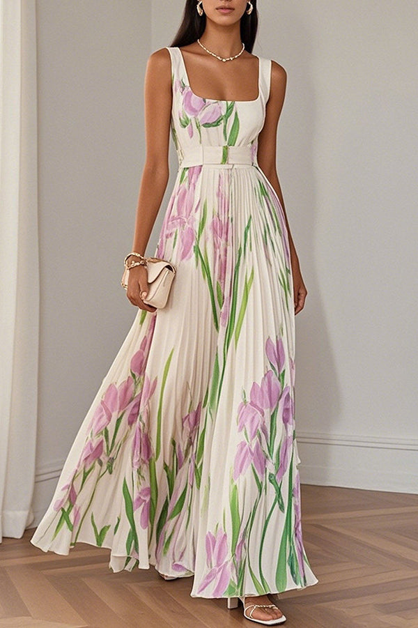 Floral Print Square Neck Suspender Pleated Maxi Dress-15273732014405-Róża Kwiatowa