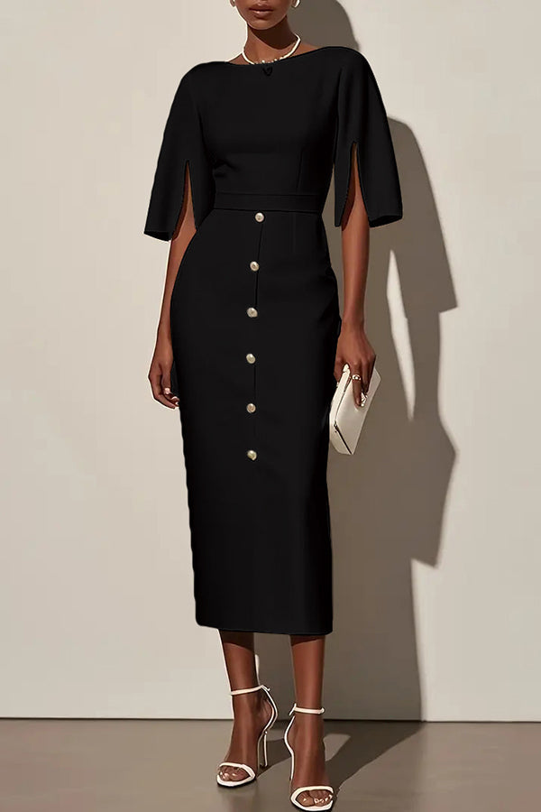 Solid Color Round Neck Slit Sleeve Waist Button Decoration Midi Dress-15273731227973-Róża Kwiatowa