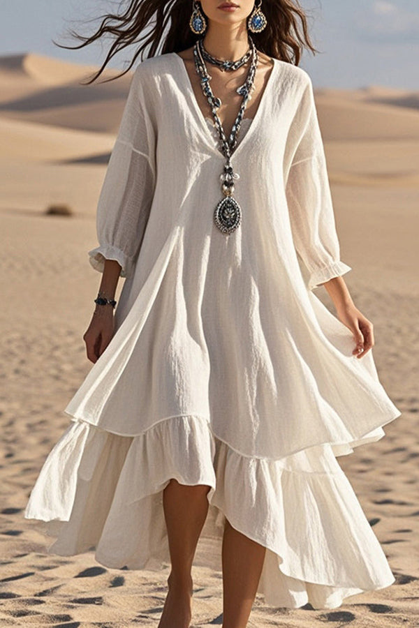 Linen Blend V-neck Long-sleeved Loose Midi Dress-15273732636997-Róża Kwiatowa