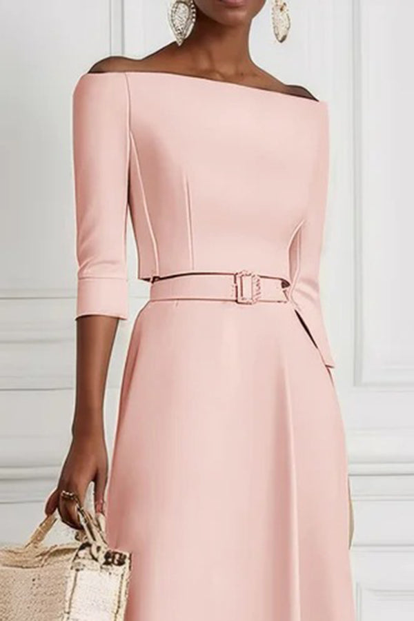 Solid Color Off-the-shoulder Waist-tied Elegant Midi Dress-15273731162437-Róża Kwiatowa