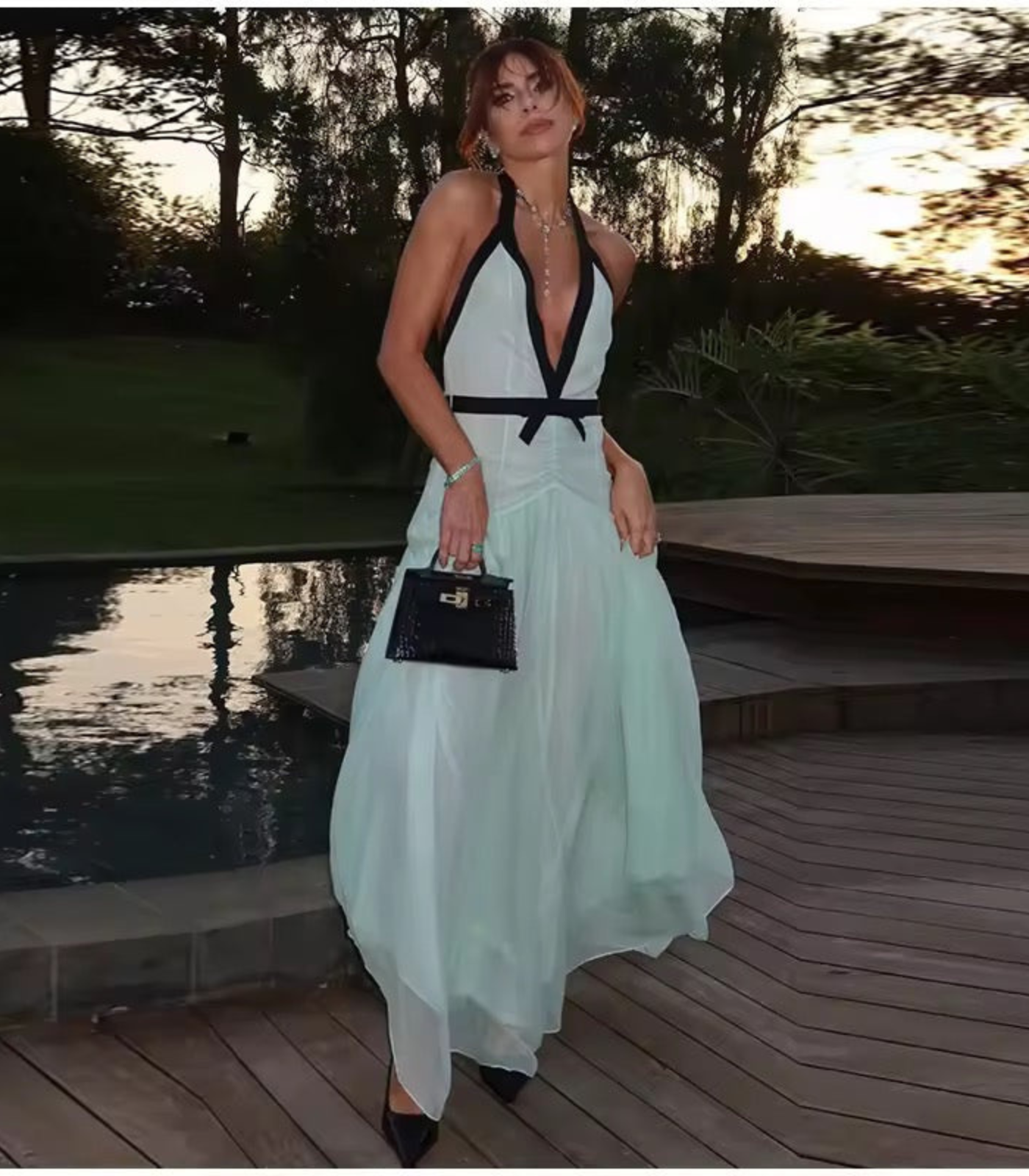 Marissa – Kontrastowy halter – Maxi sukienka bez pleców-15248445866309-Róża Kwiatowa
