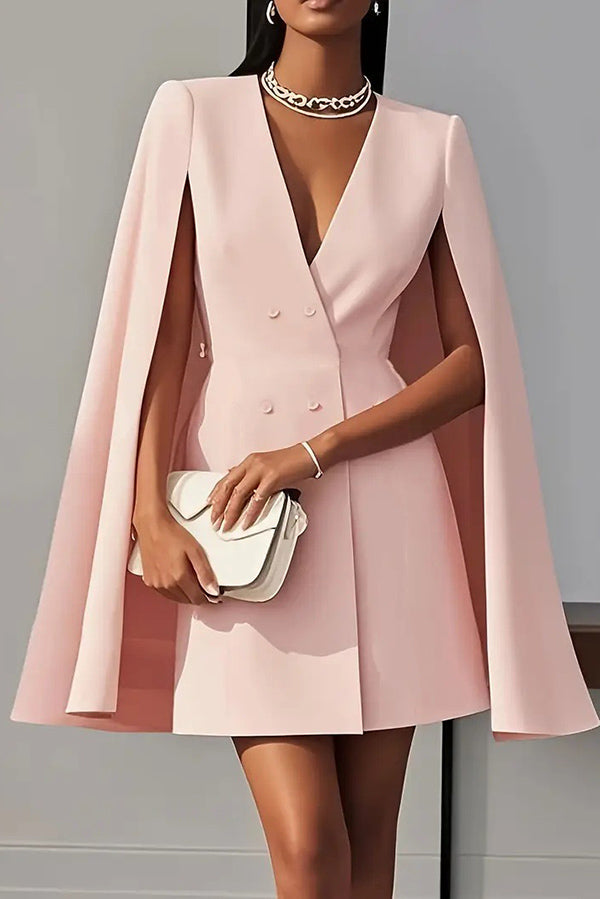 Solid Color V-Neck Double Breasted Cape Formal Mini Dress-15273731391813-Róża Kwiatowa