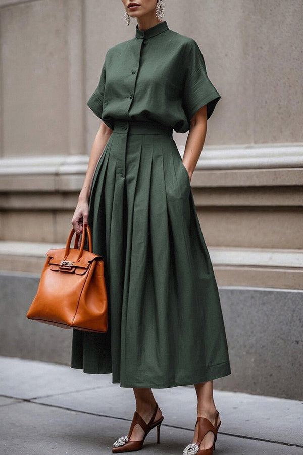 Fashionable Stand-up Collar Short-sleeved Casual Shirt and Pleated Pocket Midi Skirt Set-15273731555653-Róża Kwiatowa