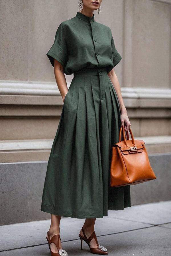 Fashionable Stand-up Collar Short-sleeved Casual Shirt and Pleated Pocket Midi Skirt Set-15273731555653-Róża Kwiatowa