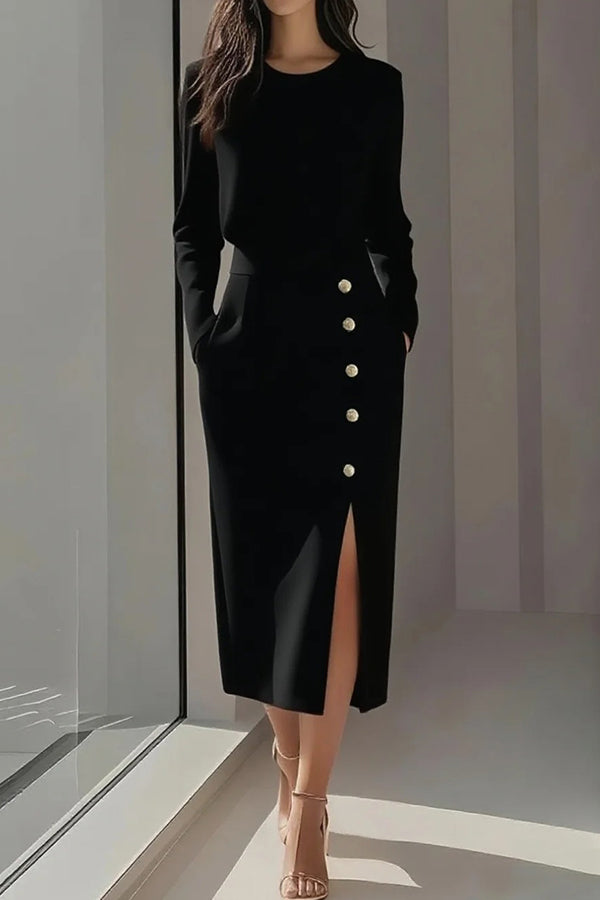 Solid Color Long Sleeves Pocket Button Decorated Slit Midi Dress-15273730703685-Róża Kwiatowa