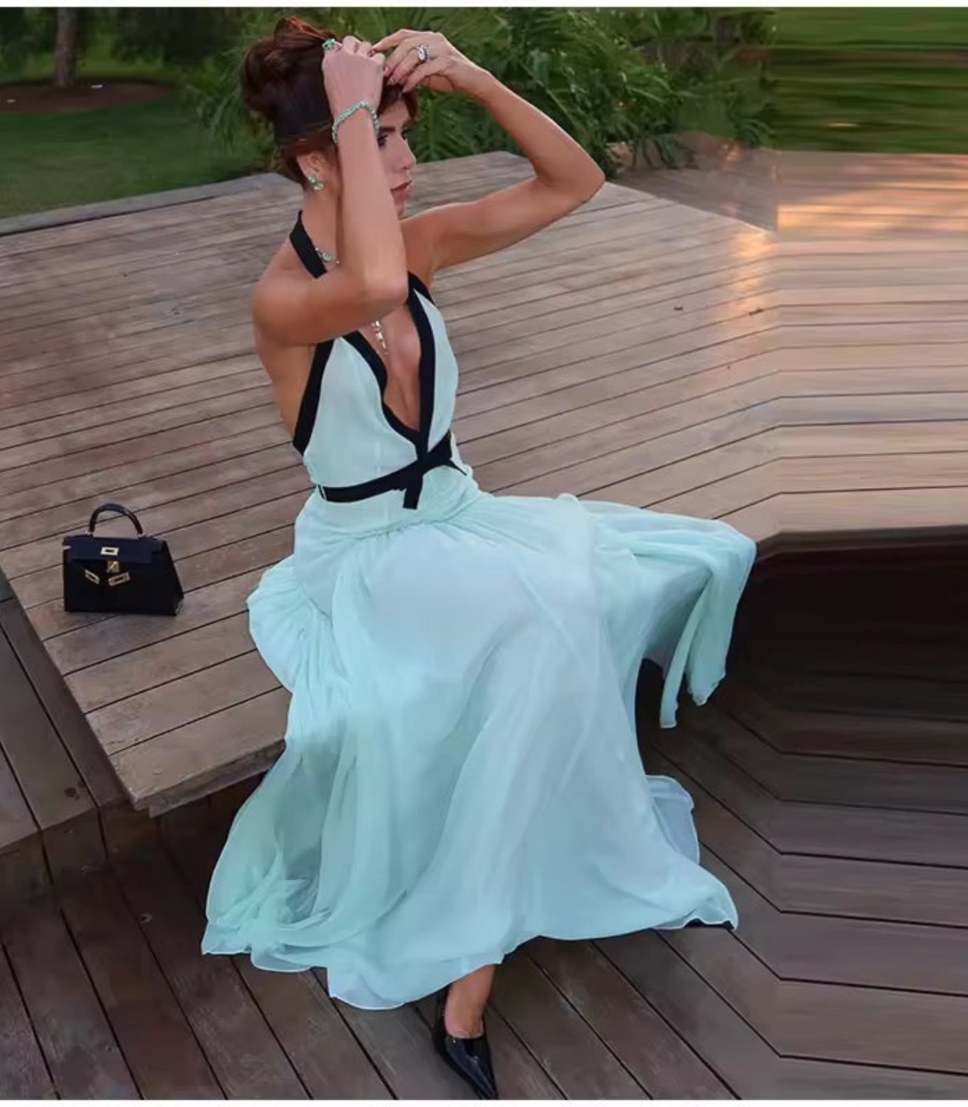 Marissa – Kontrastowy halter – Maxi sukienka bez pleców-15248445866309-Róża Kwiatowa