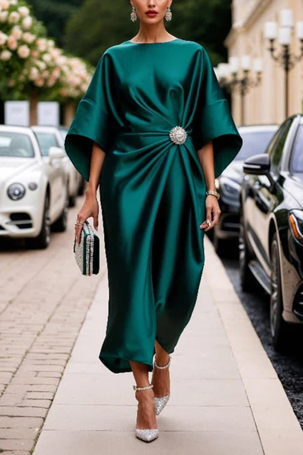 Satinara – Broszka – Elegancka sukienka midi-15273735553349-Róża Kwiatowa