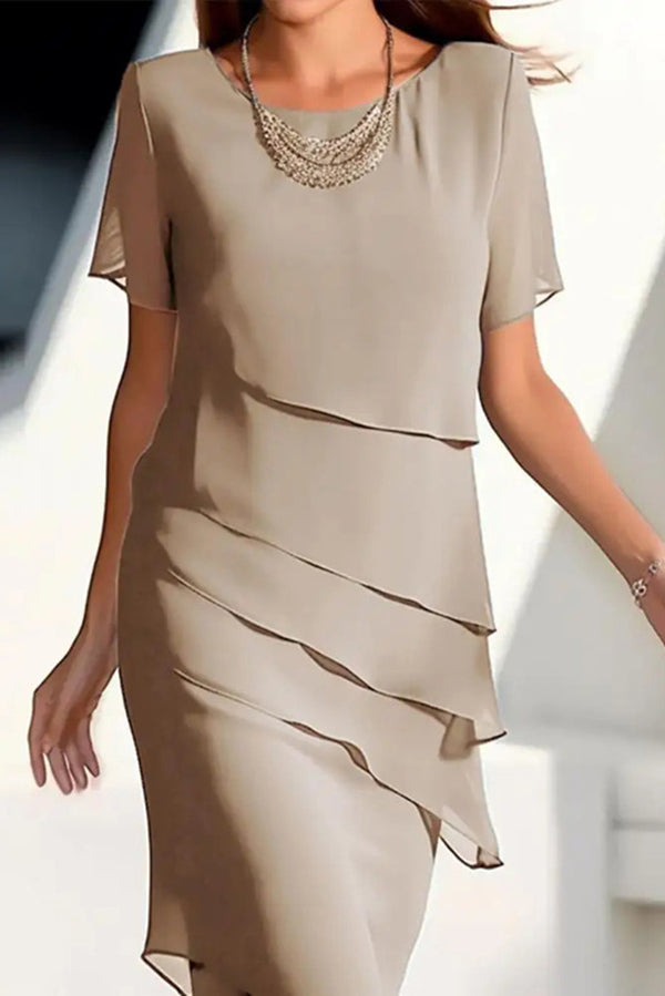 Solid Color Chiffon Round Neck Short Sleeve Slim Stitching Midi Dress-15273731031365-Róża Kwiatowa