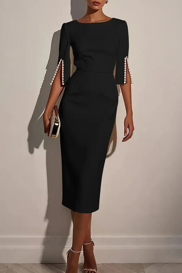 Solid Color Elegant Round Neck Half Sleeve Beaded Decorated Slim Fit Midi Dress-15273731096901-Róża Kwiatowa