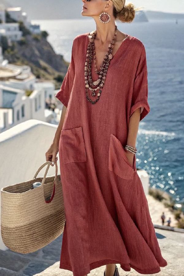 Pasekd Print V-Neck Casual Loose Pocket Maxi Dress-15273795780933-Róża Kwiatowa