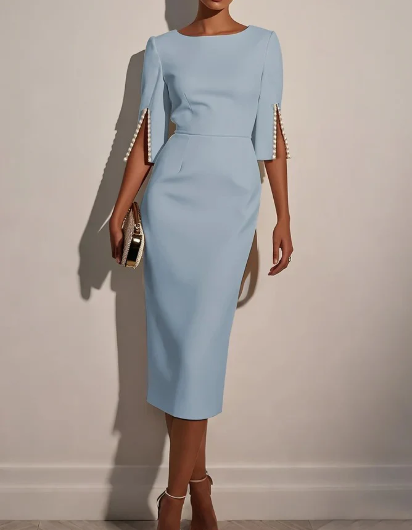 Adalina – Eleganckie detale pereł – Sukienka midi-15216451354949-Róża Kwiatowa