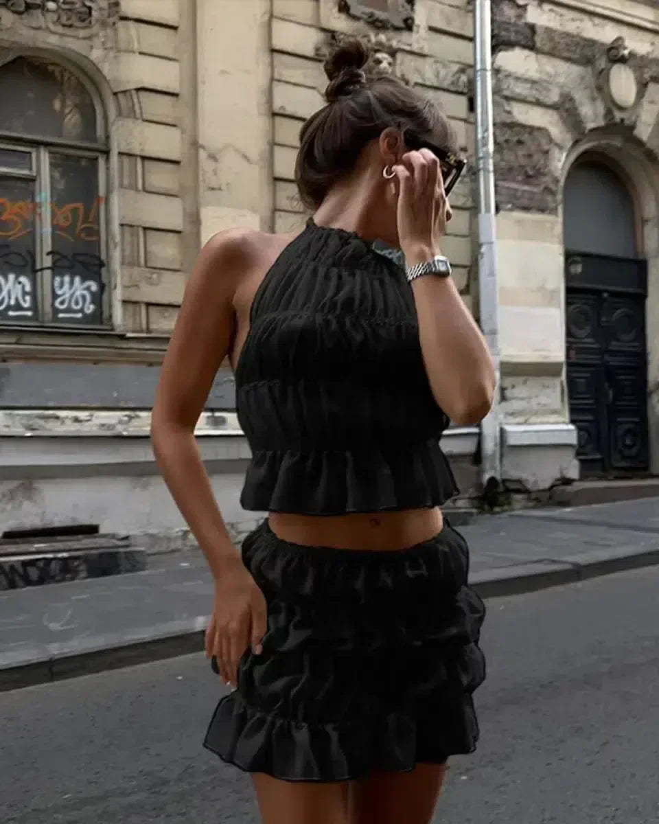 Coralie – Zestaw z marszczonym topem na ramiączkach i spódnicą – Elegancka lekkość-15216326738245-Róża Kwiatowa